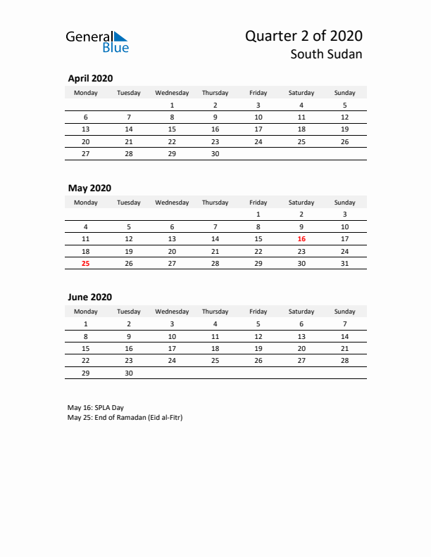 2020 Q2 Three-Month Calendar for South Sudan