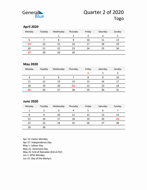 2020 Q2 Three-Month Calendar for Togo