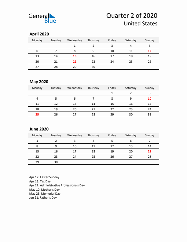 2020 Q2 Three-Month Calendar for United States