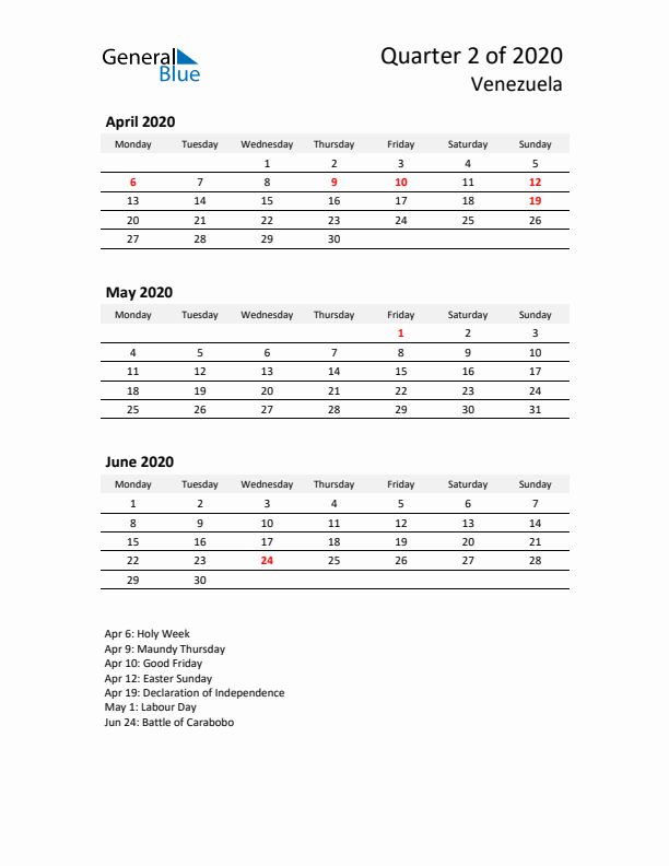 2020 Q2 Three-Month Calendar for Venezuela