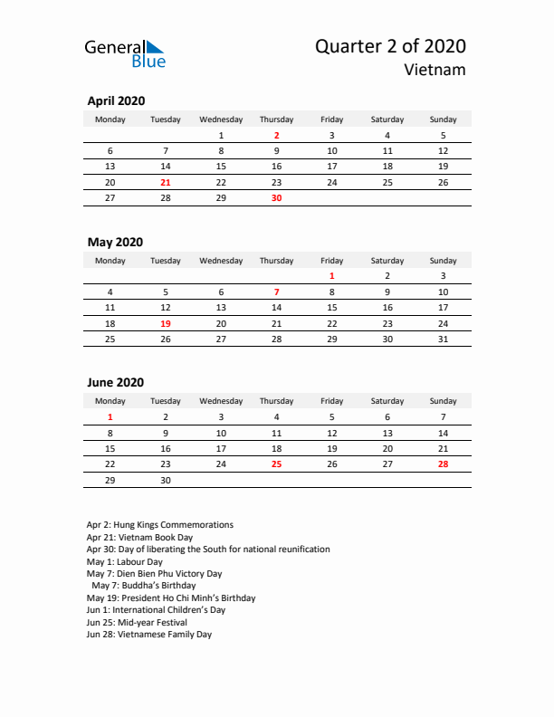 2020 Q2 Three-Month Calendar for Vietnam