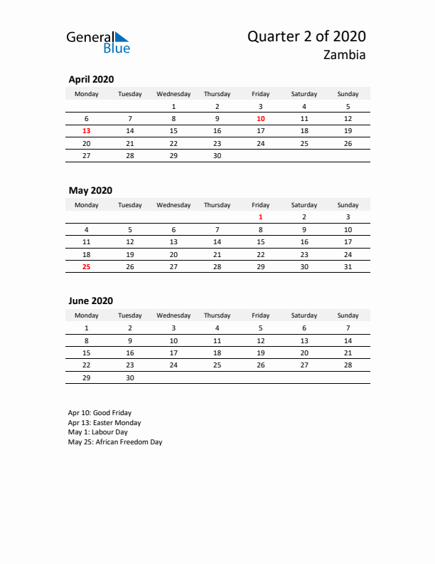 2020 Q2 Three-Month Calendar for Zambia