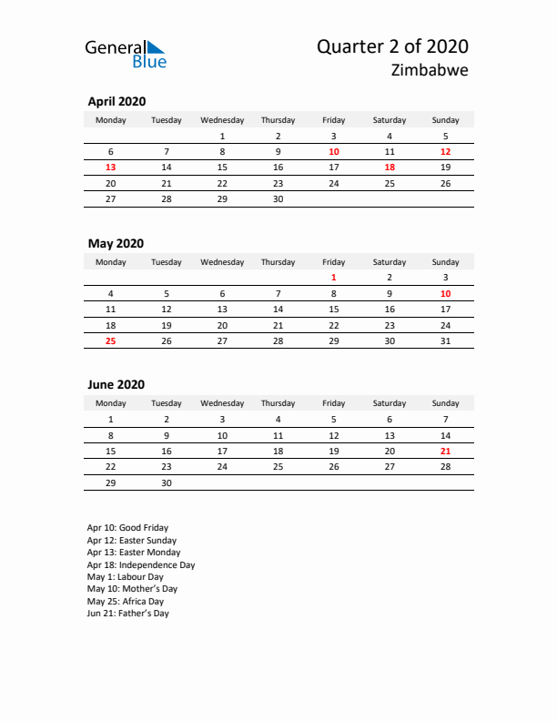 2020 Q2 Three-Month Calendar for Zimbabwe