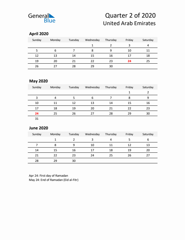 2020 Q2 Three-Month Calendar for United Arab Emirates