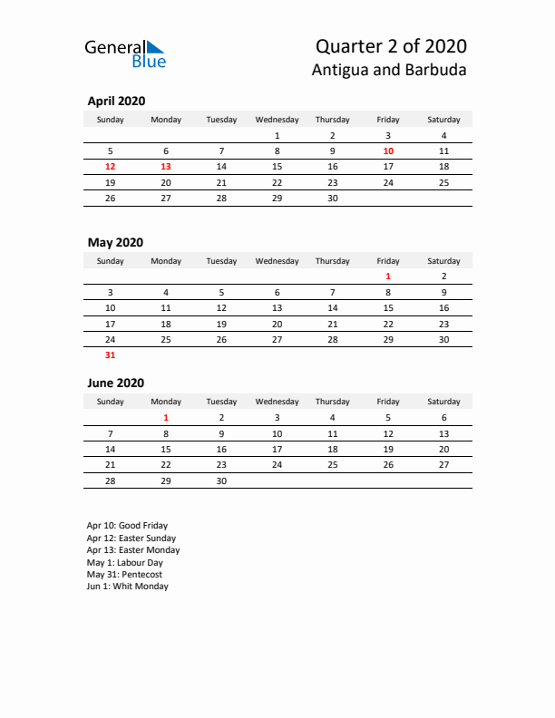 2020 Q2 Three-Month Calendar for Antigua and Barbuda