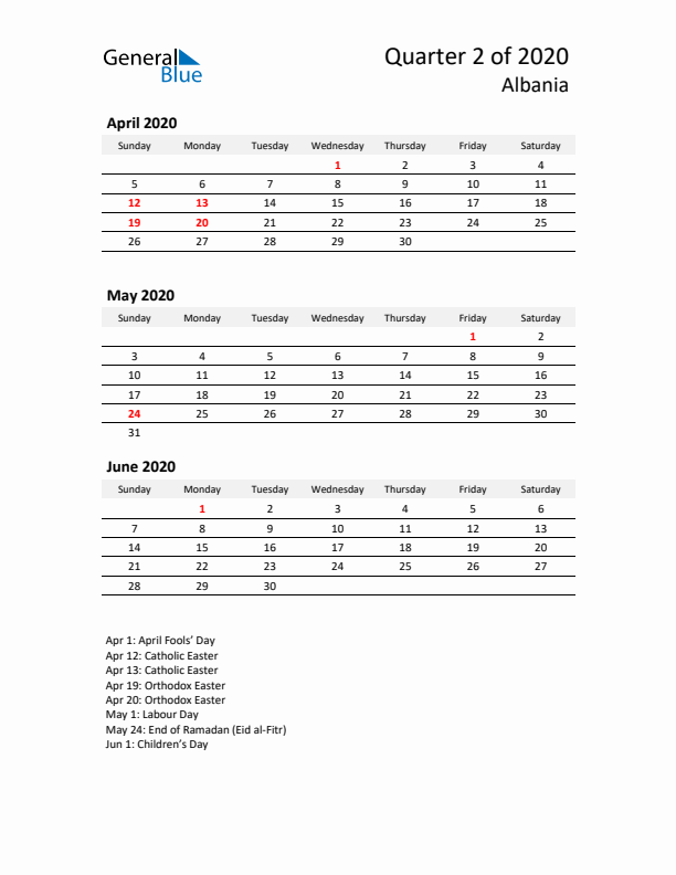 2020 Q2 Three-Month Calendar for Albania