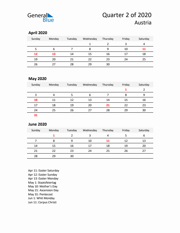 2020 Q2 Three-Month Calendar for Austria