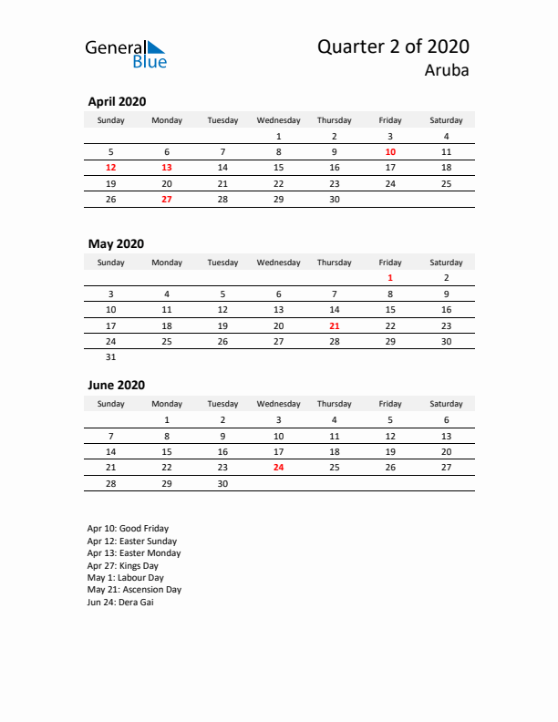 2020 Q2 Three-Month Calendar for Aruba