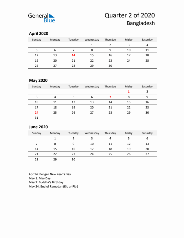 2020 Q2 Three-Month Calendar for Bangladesh