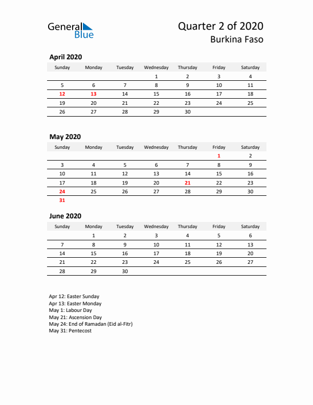 2020 Q2 Three-Month Calendar for Burkina Faso