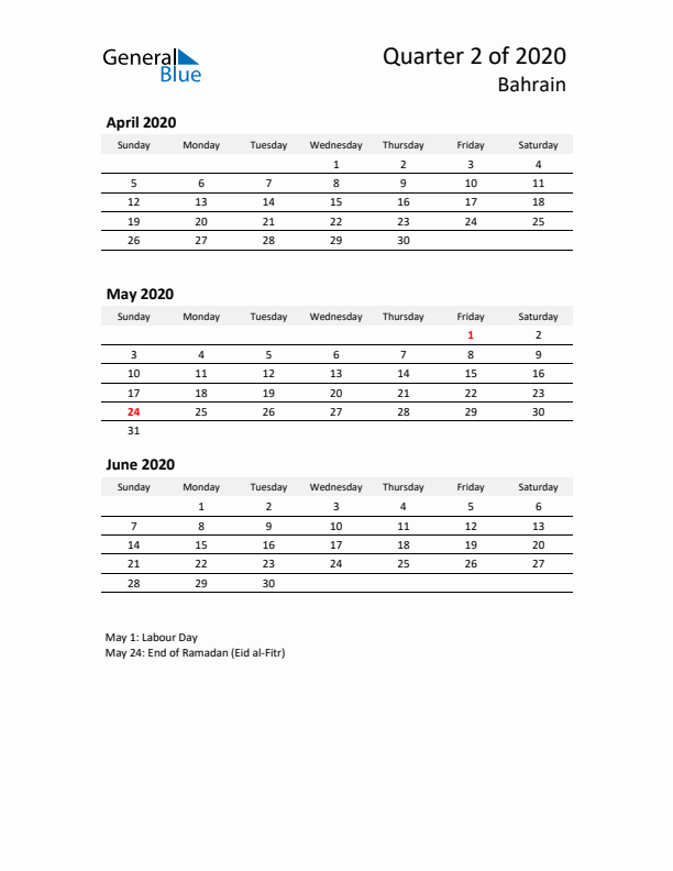 2020 Q2 Three-Month Calendar for Bahrain