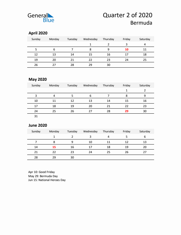 2020 Q2 Three-Month Calendar for Bermuda