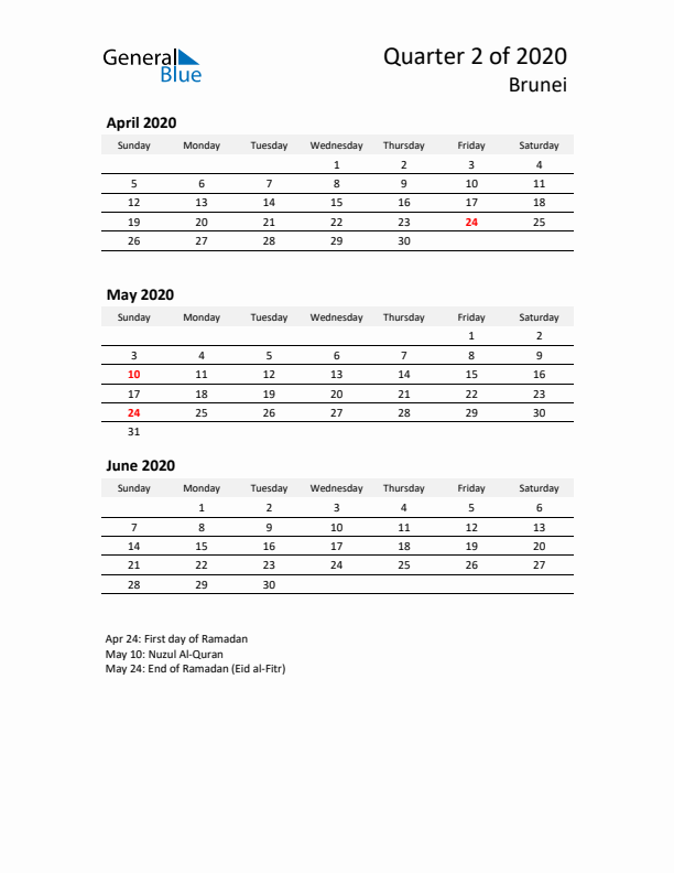 2020 Q2 Three-Month Calendar for Brunei