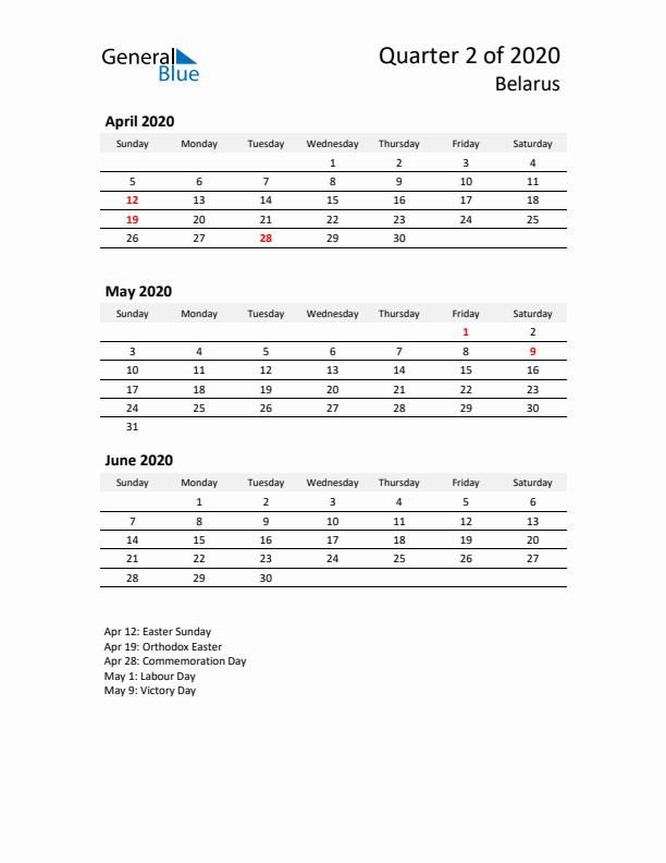 2020 Q2 Three-Month Calendar for Belarus