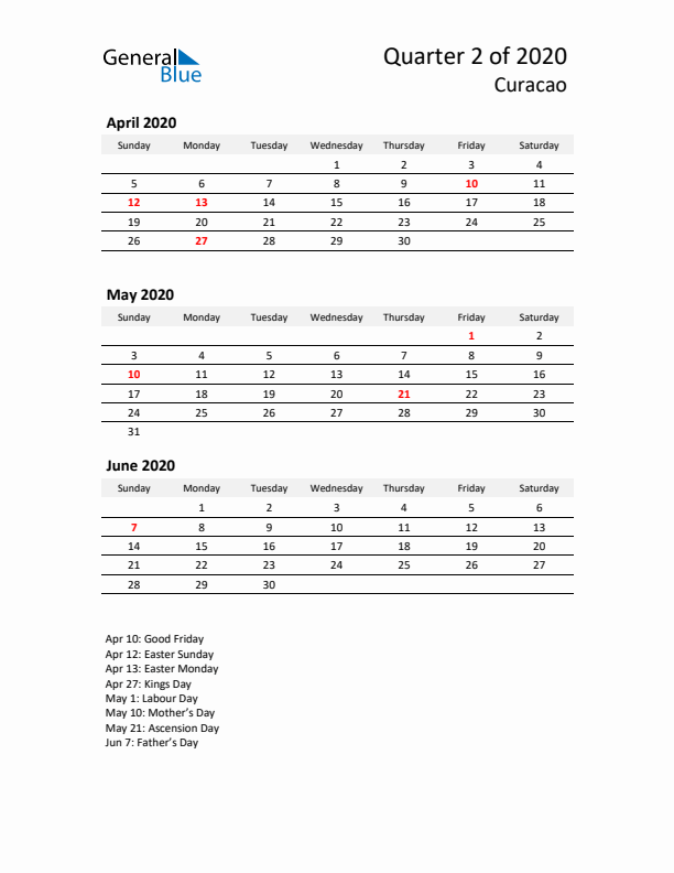 2020 Q2 Three-Month Calendar for Curacao