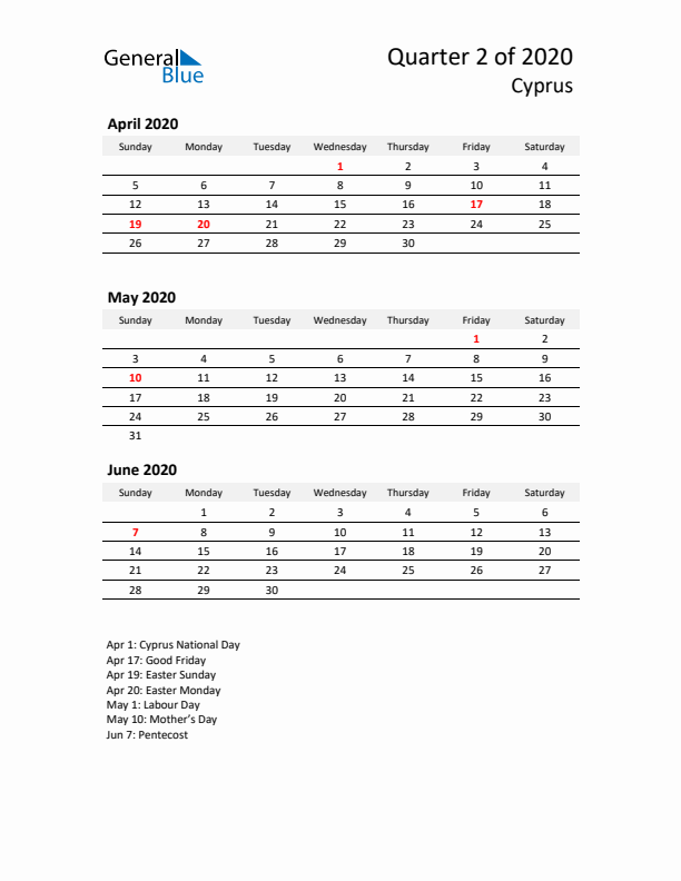 2020 Q2 Three-Month Calendar for Cyprus