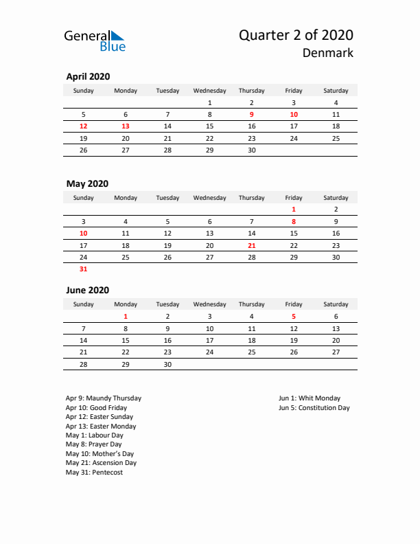 2020 Q2 Three-Month Calendar for Denmark