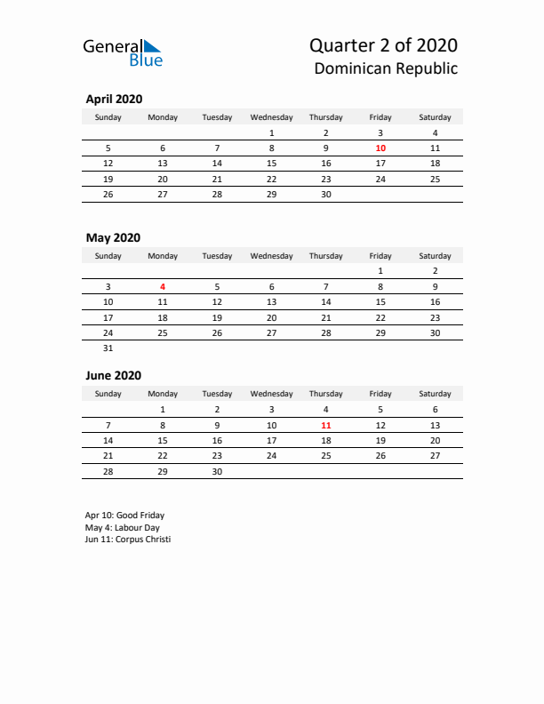 2020 Q2 Three-Month Calendar for Dominican Republic