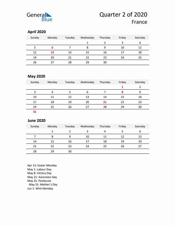 2020 Q2 Three-Month Calendar for France