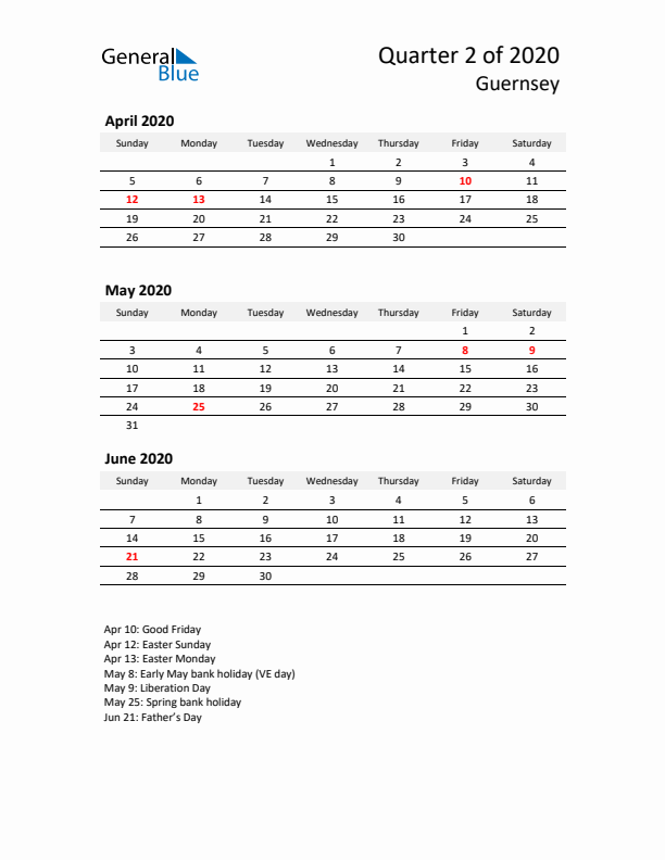 2020 Q2 Three-Month Calendar for Guernsey