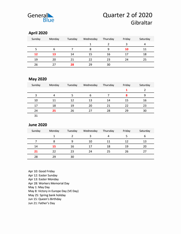 2020 Q2 Three-Month Calendar for Gibraltar