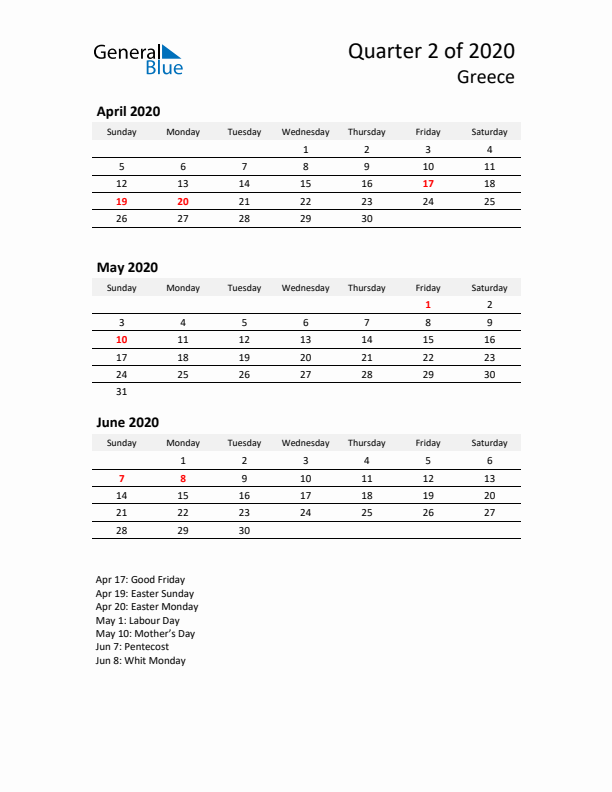 2020 Q2 Three-Month Calendar for Greece