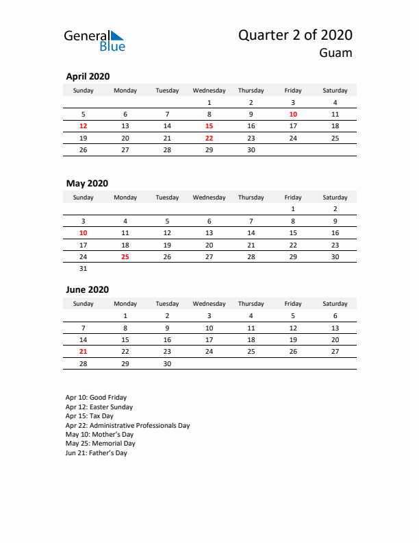 2020 Q2 Three-Month Calendar for Guam