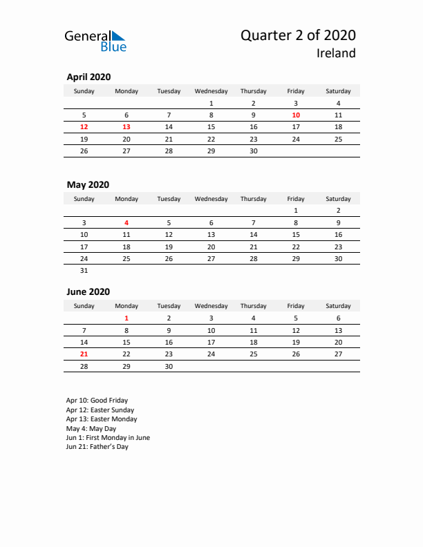 2020 Q2 Three-Month Calendar for Ireland