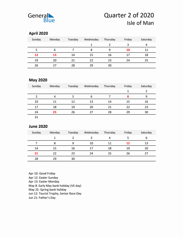 2020 Q2 Three-Month Calendar for Isle of Man