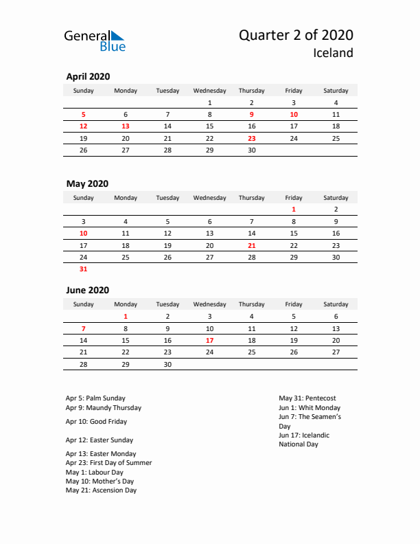 2020 Q2 Three-Month Calendar for Iceland