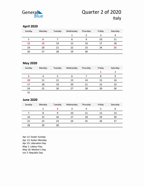 2020 Q2 Three-Month Calendar for Italy