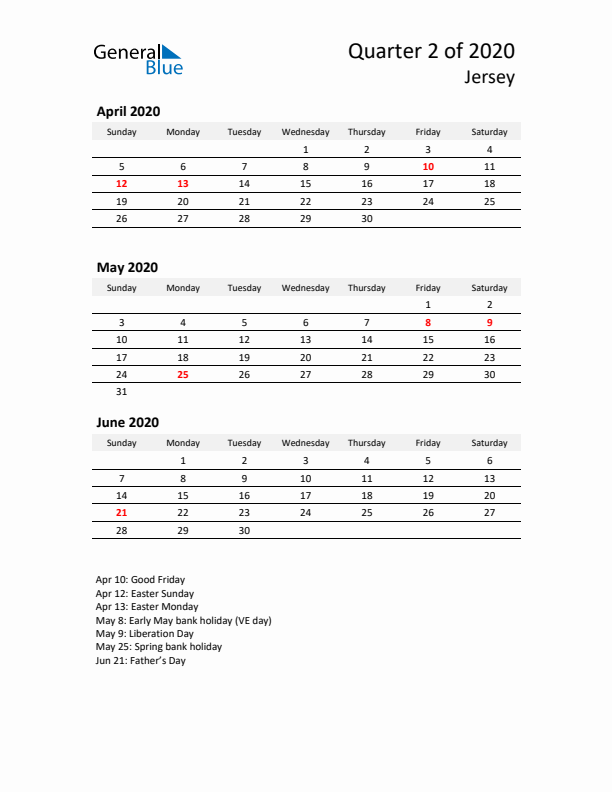 2020 Q2 Three-Month Calendar for Jersey