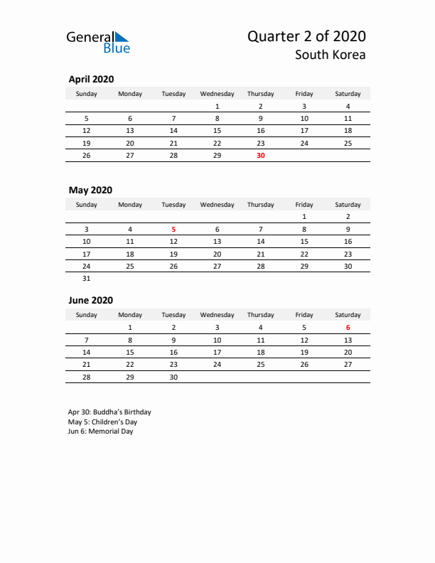 2020 Q2 Three-Month Calendar for South Korea