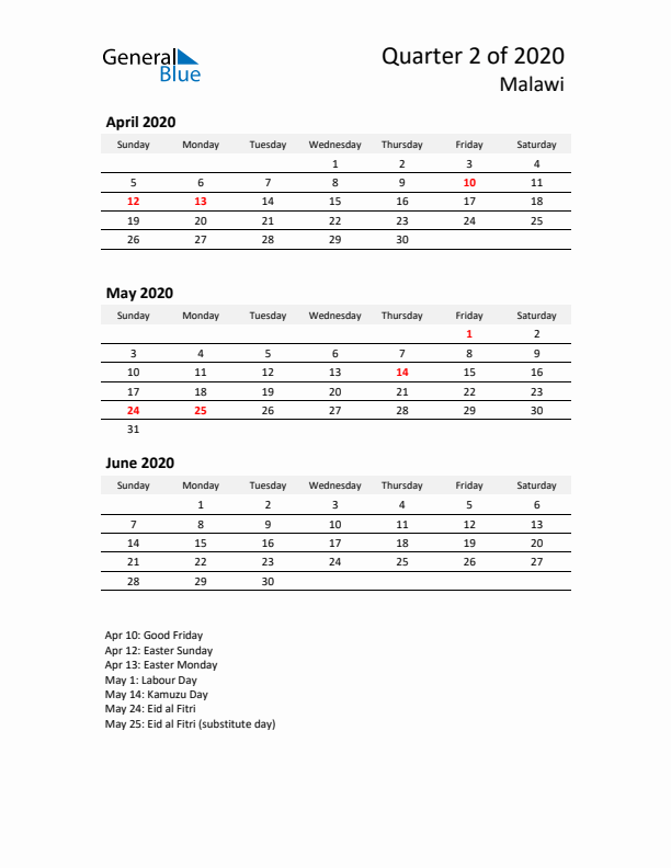 2020 Q2 Three-Month Calendar for Malawi