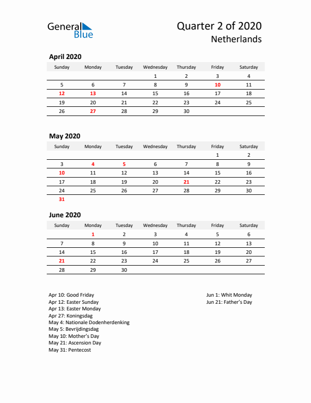 2020 Q2 Three-Month Calendar for The Netherlands