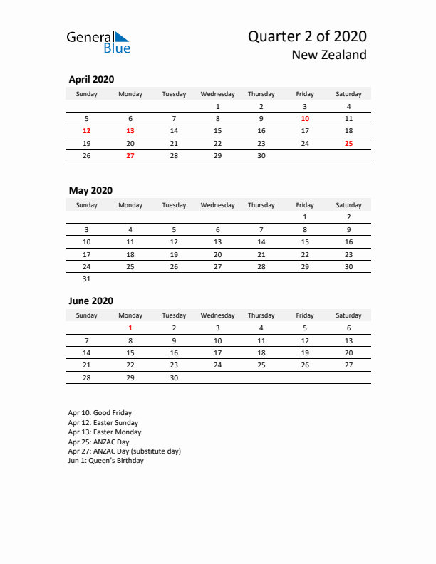 2020 Q2 Three-Month Calendar for New Zealand