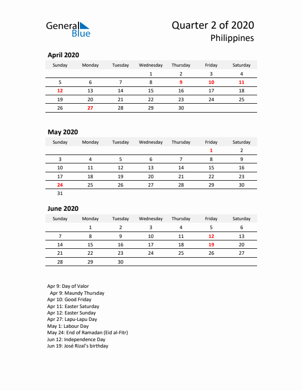 2020 Q2 Three-Month Calendar for Philippines