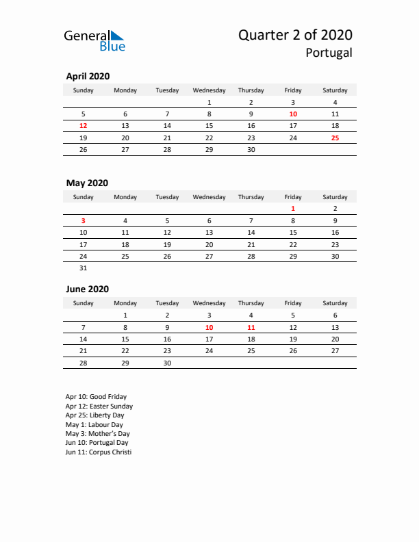 2020 Q2 Three-Month Calendar for Portugal