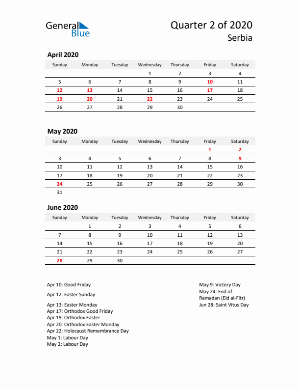 2020 Q2 Three-Month Calendar for Serbia