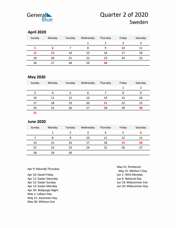 2020 Q2 Three-Month Calendar for Sweden