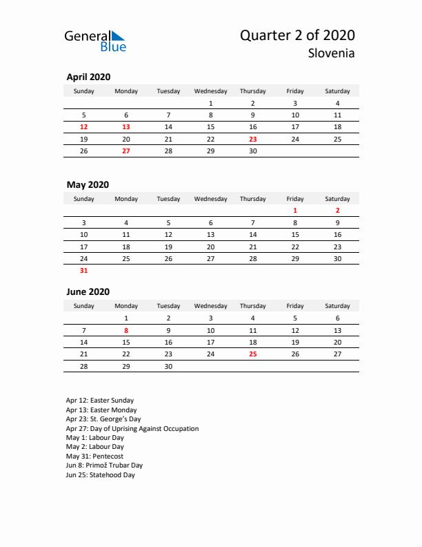 2020 Q2 Three-Month Calendar for Slovenia