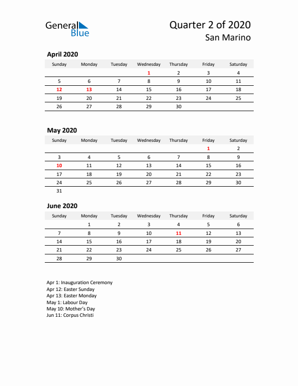 2020 Q2 Three-Month Calendar for San Marino