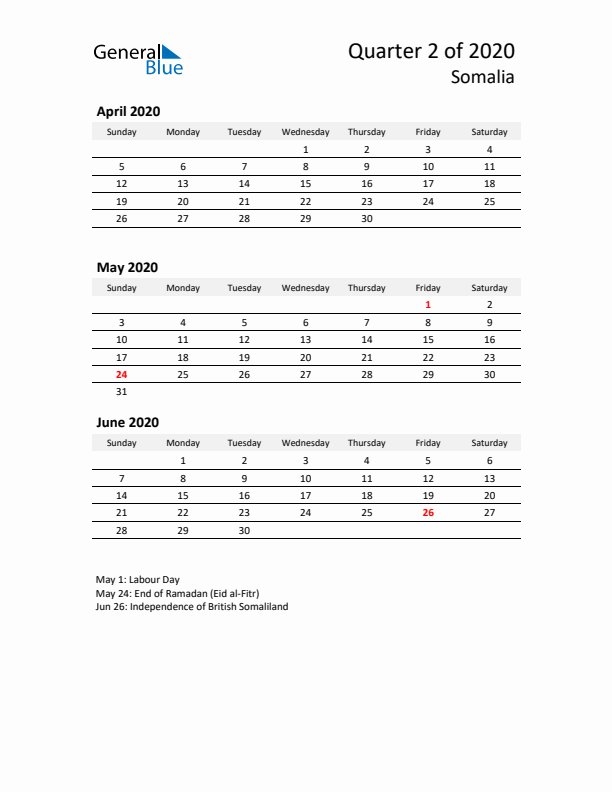 2020 Q2 Three-Month Calendar for Somalia