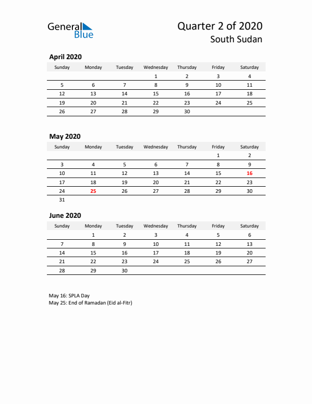 2020 Q2 Three-Month Calendar for South Sudan