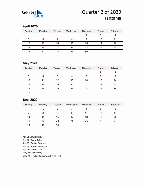 2020 Q2 Three-Month Calendar for Tanzania