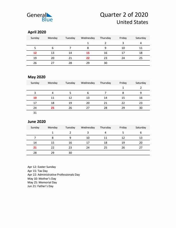 2020 Q2 Three-Month Calendar for United States