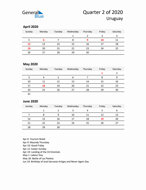 2020 Q2 Three-Month Calendar for Uruguay