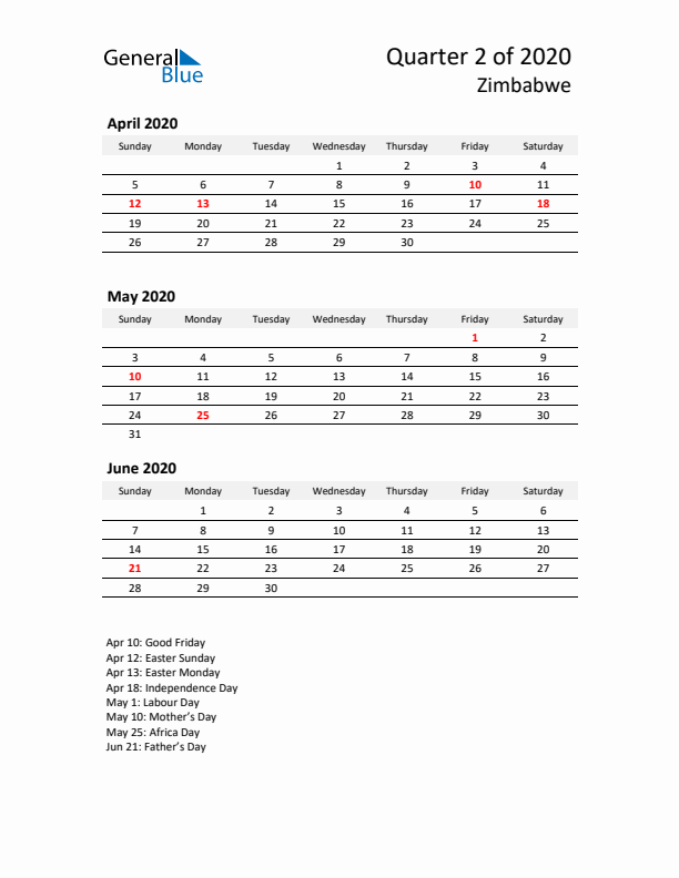 2020 Q2 Three-Month Calendar for Zimbabwe