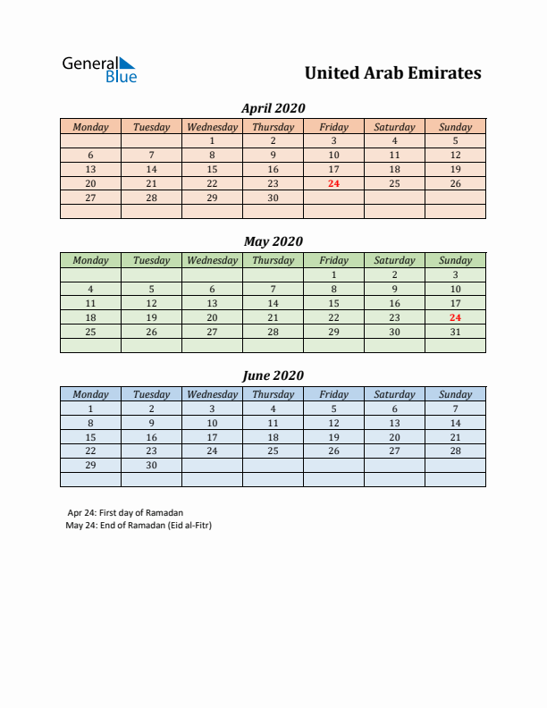 Q2 2020 Holiday Calendar - United Arab Emirates