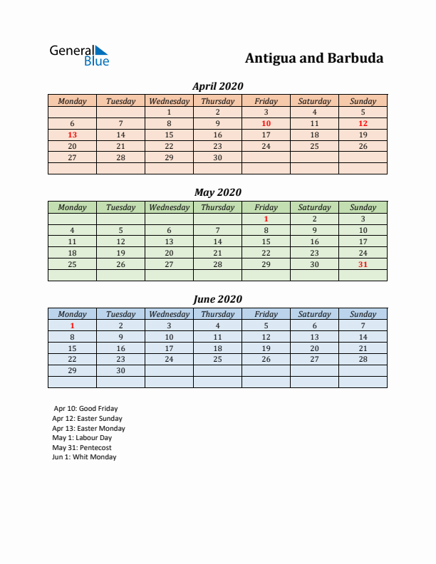 Q2 2020 Holiday Calendar - Antigua and Barbuda